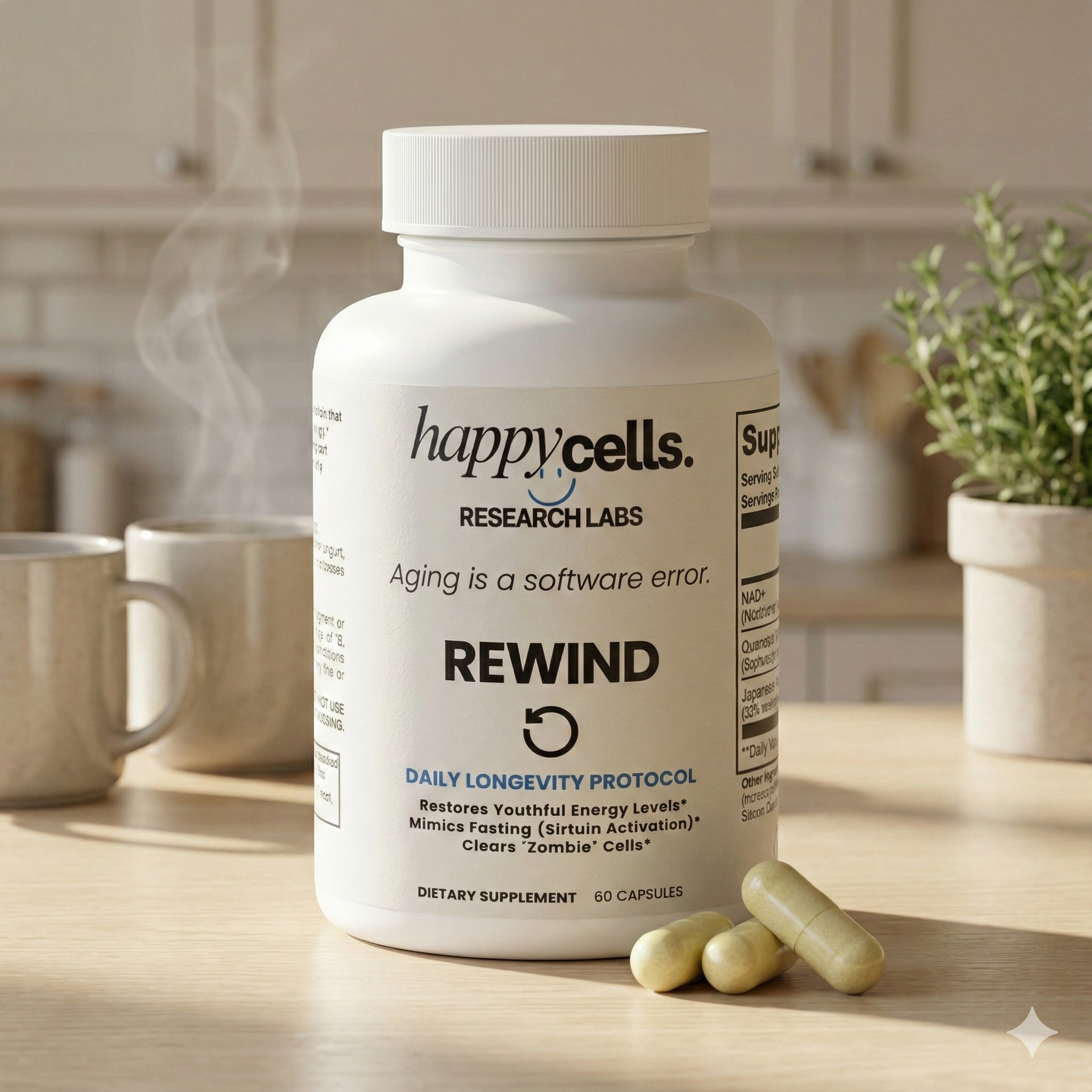 NAD+ Supplement bottle by Happy Cells Research Labs, Daily Longevity Protocol with two NAD+ capsules in front of it, on a counter, with steaming coffee mugs and a house plant in the background.