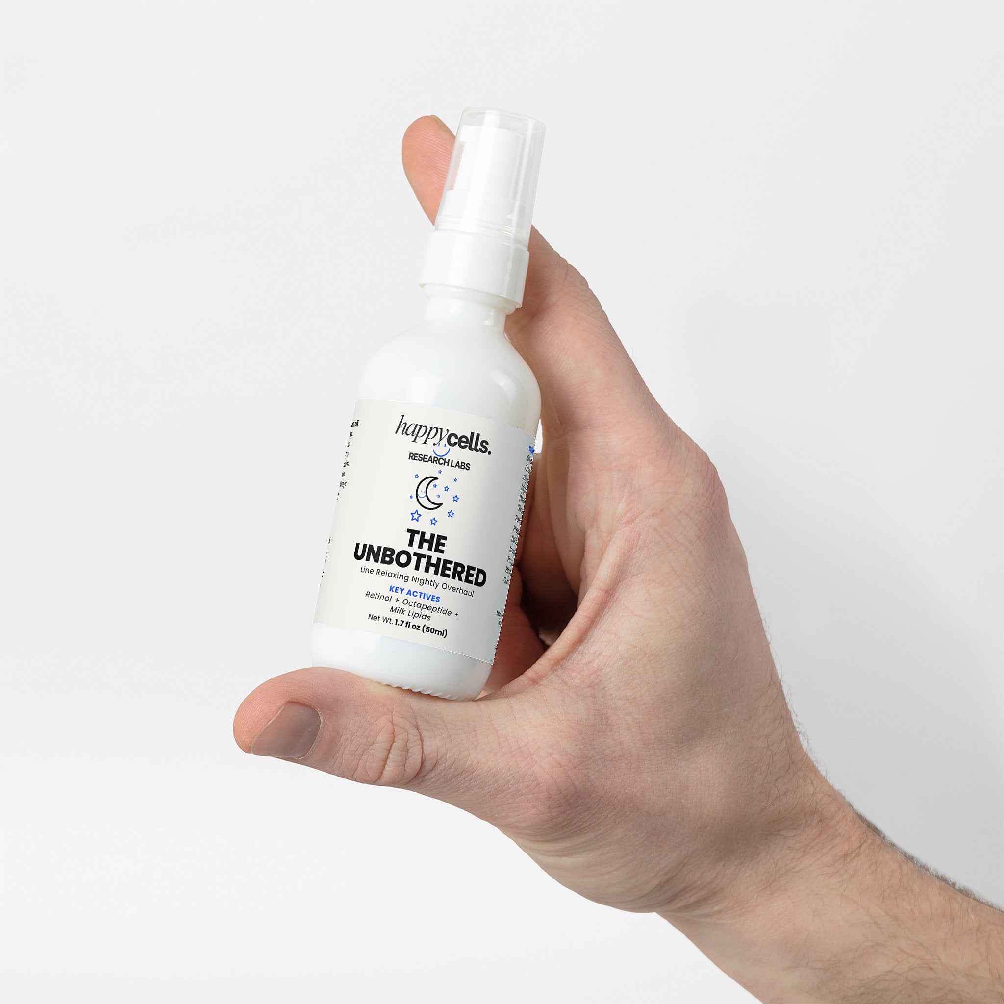 Close up picture of Peptide Moisturizing cream by Happy Cells Research Labs, held by a hand with a white background.