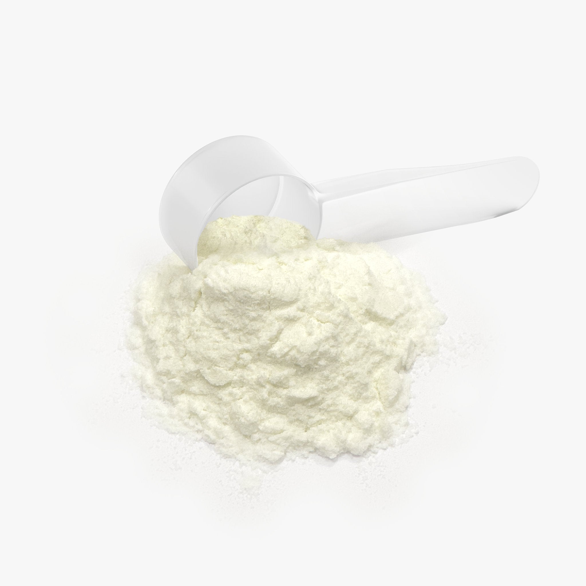 HAPPY GUTS Bovine Colostrum Powder  in a pile with provided portion scooper on its side
