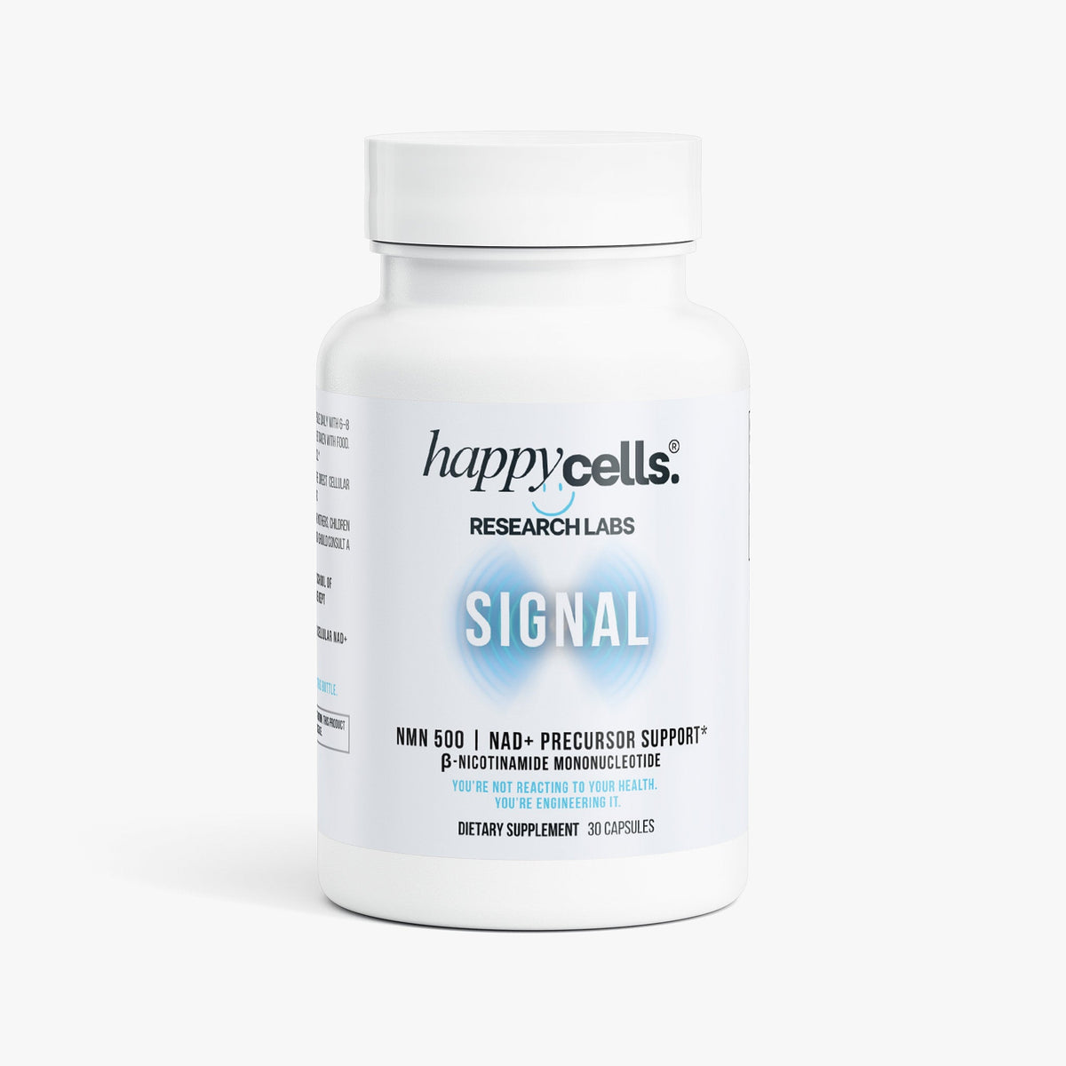 Front label of SIGNAL by Happy Cells Research Labs, NMN 500 NAD+ precursor support, beta-nicotinamide mononucleotide, 30 capsules