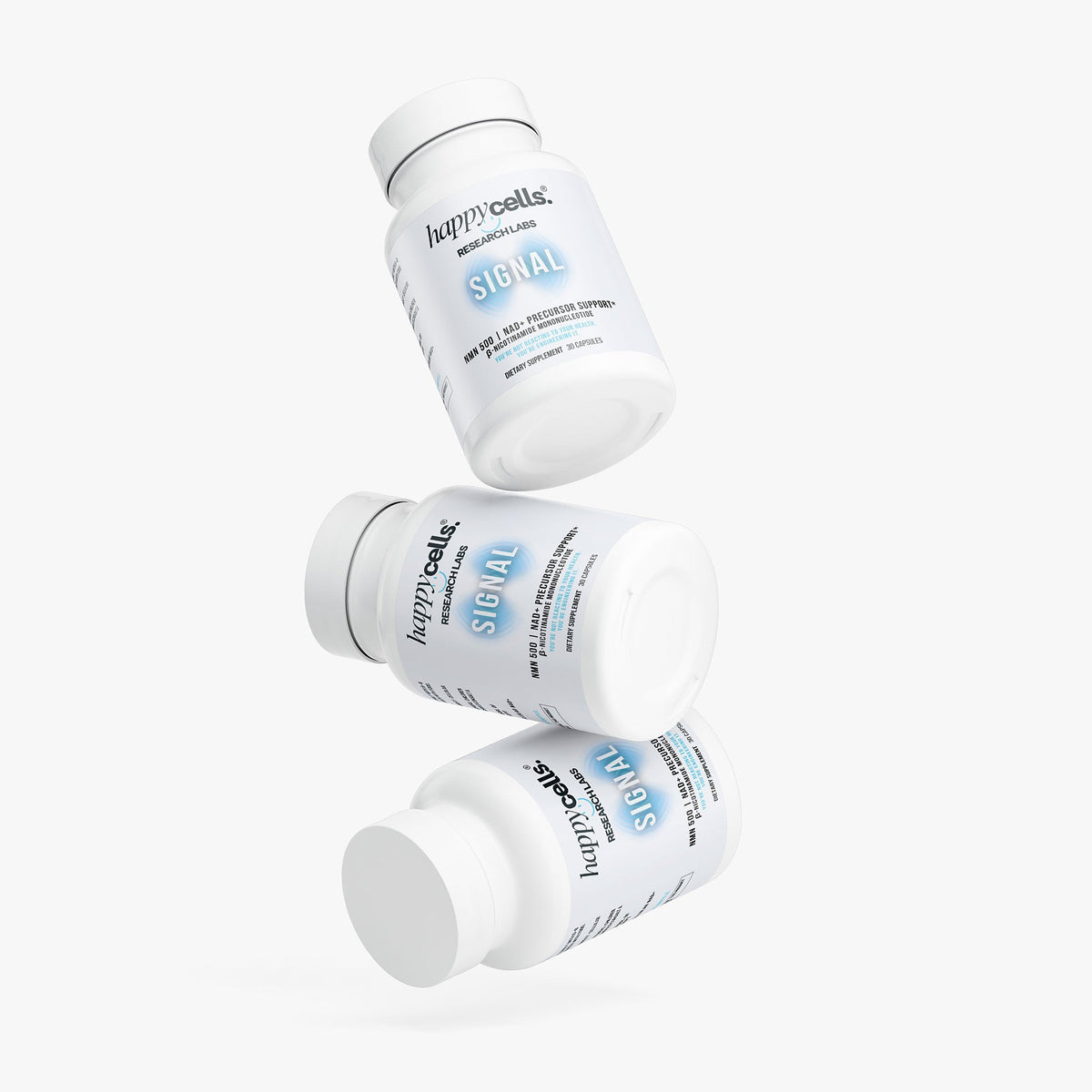 Three SIGNAL supplement bottles floating at angles against a light background