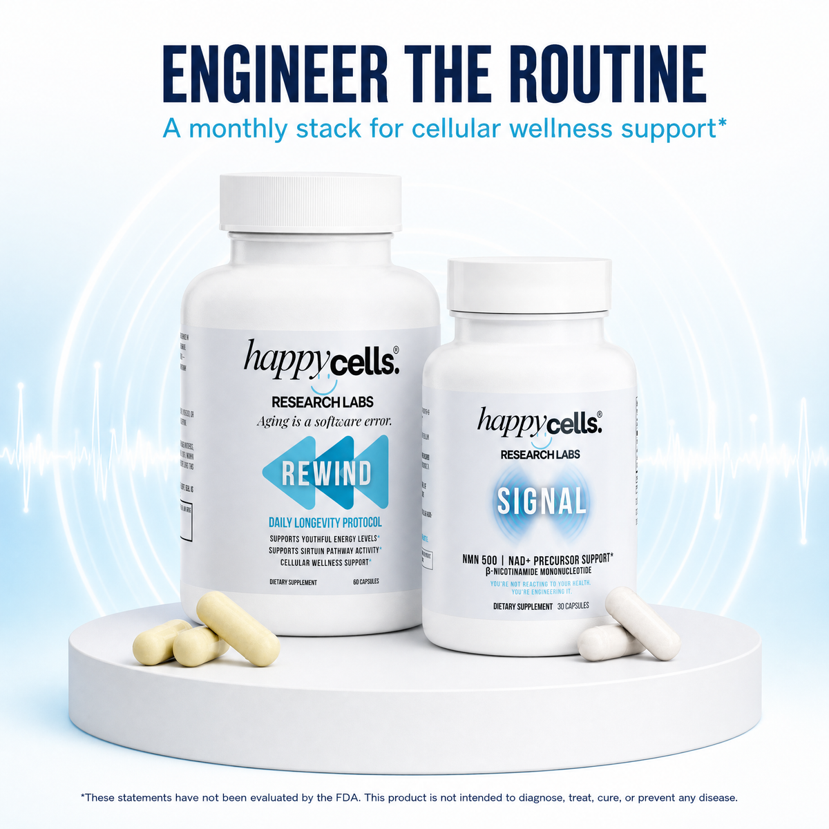 NMN and NAD+, Resveratrol supplement bottles side by side with longevity capsules in front of each of them.