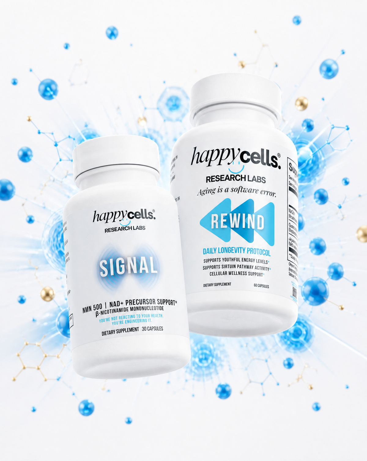 Two white Happy Cells supplement bottles floating on a white background with blue molecular and bubble graphics. The left bottle is labeled SIGNAL, and the right bottle is labeled REWIND.