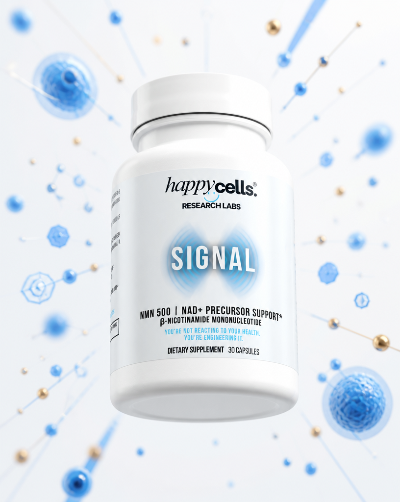 SIGNAL NMN 500 mg supplement bottle on a blue background of molecular structures and cells